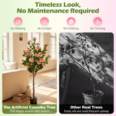 Artificial Camellia Tree with 27 Blossoms in Cement Pot for Home-Set of 1