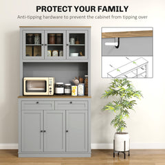 71" Pantry Cabinet with Microwave Space, Buffet with Hutch, 2 Drawers, Adjustable Shelves and Glass Doors, Blue