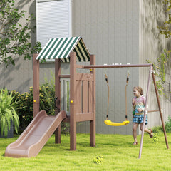 4-in-1 Kids Swing Set for Playground with Slide, Covered Fort, Climbing Ladder, Ground Stakes, for Kids Ages 3-8, Brown