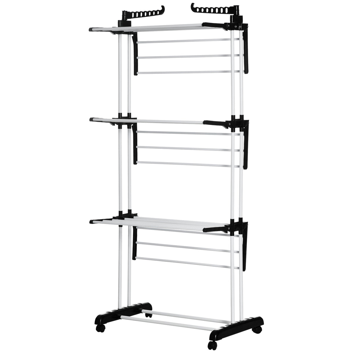Foldable Clothes Drying Rack, 4-Tier Steel Laundry Rack for Drying Clothes with 2 Side Wings and 4 Castors, Indoor and Outdoor Use, Black