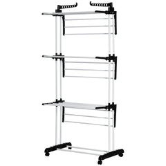 Foldable Clothes Drying Rack, 4-Tier Steel Laundry Rack for Drying Clothes with 2 Side Wings and 4 Castors, Indoor and Outdoor Use, Black
