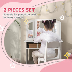 2 in 1 Kids Vanity Set Makeup Dressing Table Pretend Play Set with Tri-Folding Mirror, Stool, Storage Shelf
