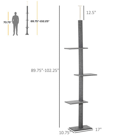 100" Floor To Ceiling Cat Tree w/ 3 Perches Activity Center for Kittens Cat Tower Furniture, Grey