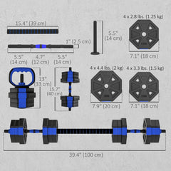 6-in-1 Adjustable Dumbbell Set, Used as Kettlebell, Barbell, Dumbbell, Push-Up Stand, 44lbs Free Weights Set, Blue