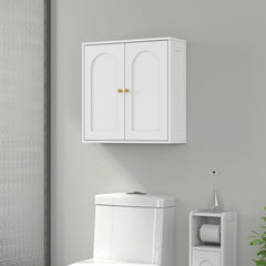 Medicine Cabinet, Modern Bathroom Wall Cabinet with 2 Arched Doors and Gold Handles, White Wood Grain