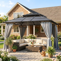 10' x 10' Outdoor Hardtop Gazebo Canopy w/ Double PC Roof, Steel Frame, Nettings, Curtains for Garden Lawn Deck, Black