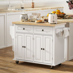 Kitchen Island with Storage, Rolling Trolley Cart with Rubber Wood Top, Spice Rack, Towel Rack, Brown Oak