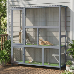 Catio Outdoor Cat Enclosure, 77" H Wooden Cat House with Weatherproof Roof, Platforms and Scratching Post