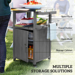 Grill Table with Stainless Steel Top, Pizza Oven Table with Storage Cabinet, Spice Rack, Wheels, Handle, Dark Grey