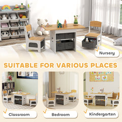 3 Piece Kids Table and Chair Set with 6 Removable Drawers, for Classroom, Living Room, Bedroom, Nursery, Light Grey