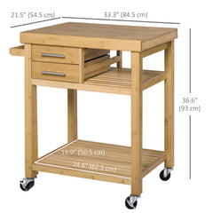 Bamboo Rolling Kitchen Island Trolley with Drawers & Shelves