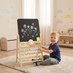 Wooden Kids Art Easel with Double-Sided Chalkboard, Clock, Abacus, Blackboard Eraser for Painting, for Ages 2+, Natural