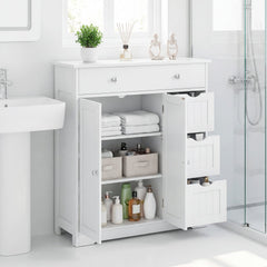 Bathroom Floor Cabinet with 4 Drawers with 2 Doors and Adjustable Shelf-White