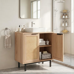Bathroom Vanity Cabinet with U-Shaped Cut-Out 2 Rattan Doors and Shelf-Natural