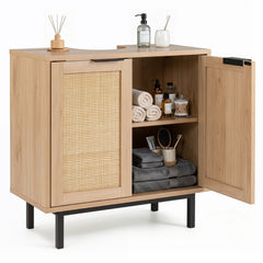 Bathroom Vanity Cabinet with U-Shaped Cut-Out 2 Rattan Doors and Shelf-Natural