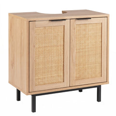 Bathroom Vanity Cabinet with U-Shaped Cut-Out 2 Rattan Doors and Shelf-Natural