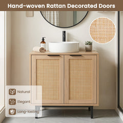 Bathroom Vanity Cabinet with U-Shaped Cut-Out 2 Rattan Doors and Shelf-Natural