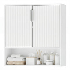 Bathroom Wall Cabinet with 2 Fluted Doors and Open Cube and Adjustable Shelf-White