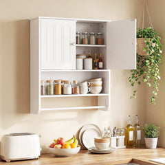 Bathroom Wall Cabinet with Towel Bar and Open Shelf and Adjustable Shelf-White