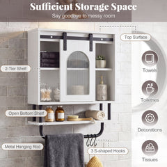 Bathroom Wall Cabinet with Sliding Barn Door and Metal Hanging Bar with 3 Hooks-White