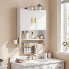 Bathroom Wall Cabinet Wall Mounted Medicine Cabinet with Towel Bars-White