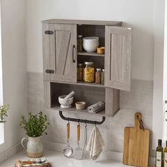 Bathroom Wall Cabinet with 2 Barn Doors and Towel Bar and 3-Tier Wooden Storage-Gray