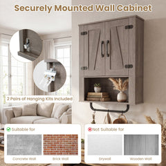 Bathroom Wall Cabinet with 2 Barn Doors and Towel Bar and 3-Tier Wooden Storage-Gray