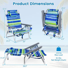 Beach Chairs Set of 2 Portable Folding Backpack Recliners with 5-Position Backrest and Padded Headrest-Blue and Green