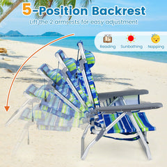 Beach Chairs Set of 2 Portable Folding Backpack Recliners with 5-Position Backrest and Padded Headrest-Blue and Green