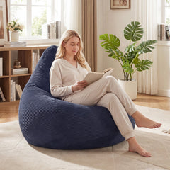 Adult Bean Bag Chair in Navy Corduroy, 35 in Wide with Shredded Sponge Filling and High Back
