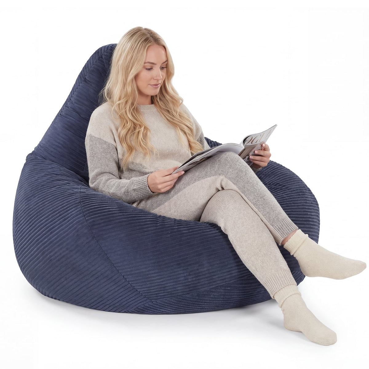 Adult Bean Bag Chair in Navy Corduroy, 35 in Wide with Shredded Sponge Filling and High Back