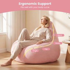 Pink Corduroy Bean Bag Chair for Adults, 35 in Wide with 28 in High Back and Sponge Filling