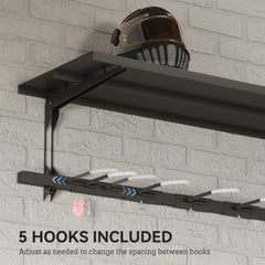 Bike Storage Rack for 5 Bikes, Wall Mounted Bicycle Rack with Shelf and Adjustable Hooks for Indoor Outdoor Use, Black