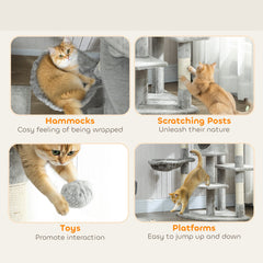 62" Cat Tree with Scratching Post, 2 Condos, Hammock, Perches, Plush, Pompoms, for Indoor Cats, Beige