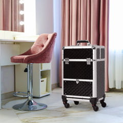 Portable Aluminum Makeup Train Cases, Rolling Makeup Case, Salon Beauty Cosmetic Jewelry Organizer Trolley with 4 Wheels, Black
