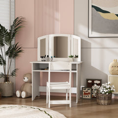 2 in 1 Kids Vanity Set Makeup Dressing Table Pretend Play Set with Tri-Folding Mirror, Stool, Storage Shelf