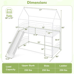 Bunk Bed Twin Over Twin House Bunk Bed Frame with Metal Slats-White