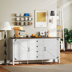 59" Buffet Cabinet, Farmhouse Sideboard with Thick Top, 2 Barn Doors, 4 Drawers and 2 Adjustable Shelves, Grey