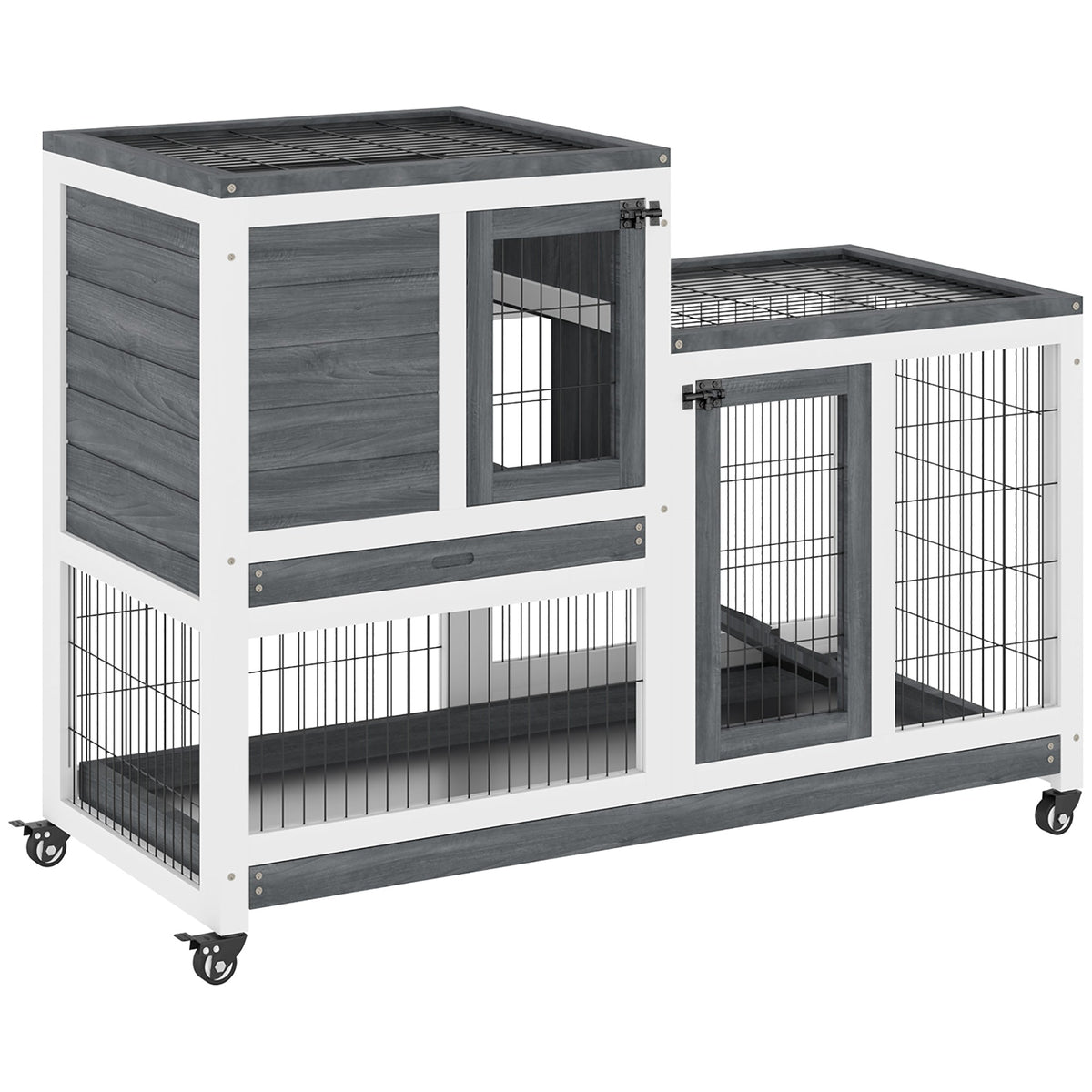 Wooden Rabbit Hutch, Indoor Bunny Cage with Wheels, Pull Out Trays, Run, Grey