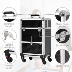 Portable Aluminum Makeup Train Cases, Rolling Makeup Case, Salon Beauty Cosmetic Jewelry Organizer Trolley with 4 Wheels, Black