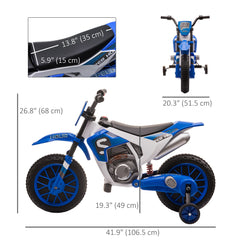 Kids Dirt Bike 12V Battery-Powered Ride-On Electric Motorcycle with Charging Battery, Training Wheels Blue