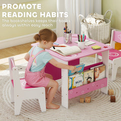 3 Pieces Kids Table and Chair Set with Bookshelves, for Classroom, Home, Nursery, Playroom, for Read, Draw, Art, Pink