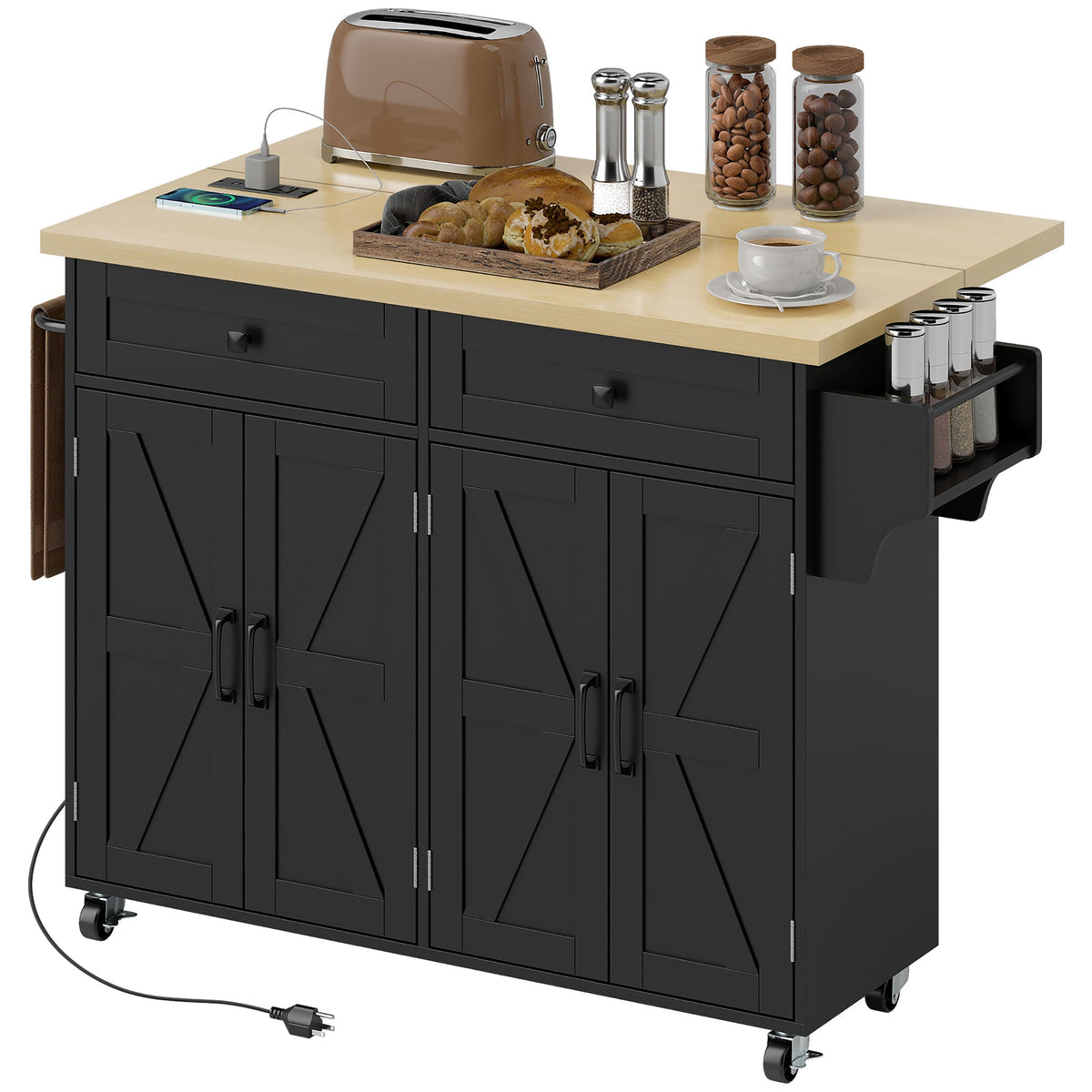 Kitchen Island with Storage, Rolling Kitchen Cart with Charging Station, Drop Leaf, Spice Rack, Towel Rack, Drawers