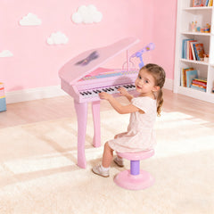 Mini Electronic Musical Piano 37 Key Keyboard Multifunction Kids Toy with Microphone Stool (Pink)