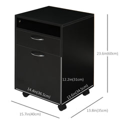 24" Small Filing Cabinet with Open Compartment, Drawer and Wheels, Home Office Storage Cabinet, Black