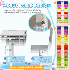 Height Adjustable Study Table and Chair Set with Drawer, Pen Slot, Tiltable Desktop, Hook, Blue