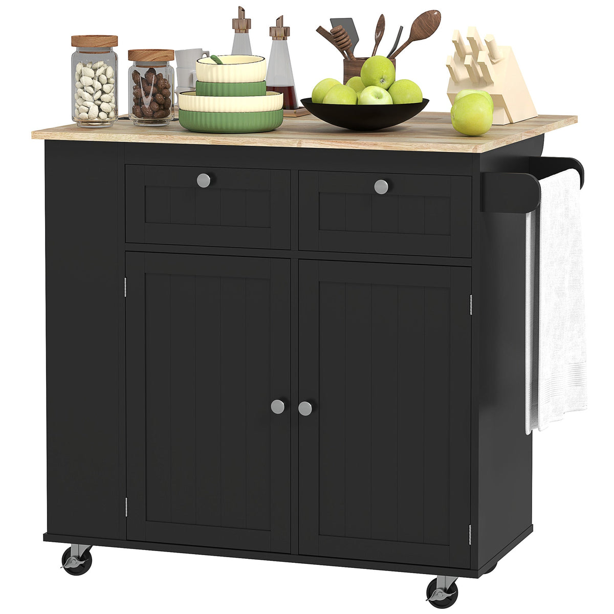 Kitchen Island with Power Outlet and Drop Leaf, Rolling Kitchen Cart with 2 Drawers and Adjustable Shelves, Black