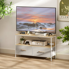 TV Stand with Charging Station, TV Table with 2 Foldable Linen Drawers and Open Shelf for 47 Inch Television, Black