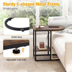 C-shaped Modern Sofa Side Table with Faux Marble Tabletop and Storage Shelf-Rustic Brown