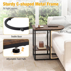 C-shaped Modern Sofa Side Table with Storage Shelf Faux and Marble Tabletop -Rustic Brown